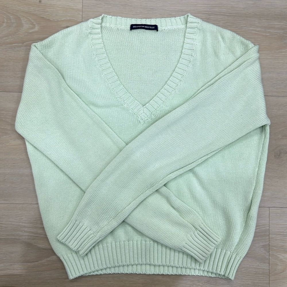 Brandy Melville Women's V Neck Light Mint Green Sweater